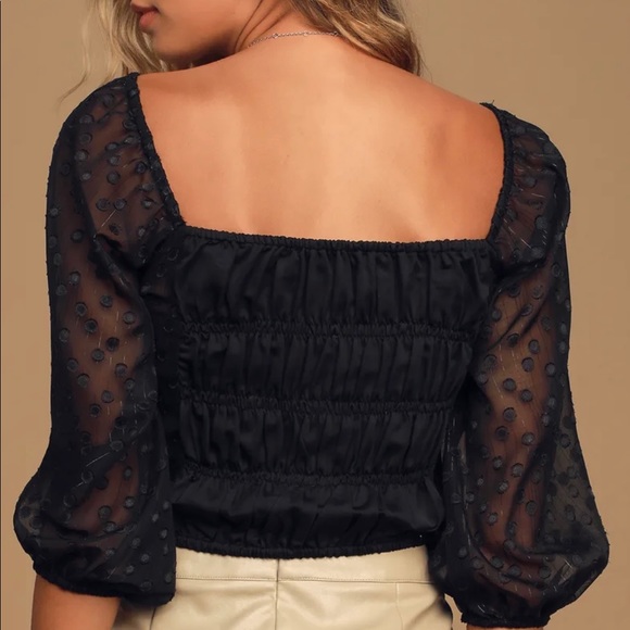 LULUS Black Swiss Dot Smocked 3/4 Top - Picture 3 of 4